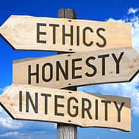 Wooden signposts pointing in different directions with the words Ethics, Honesty, and Integrity