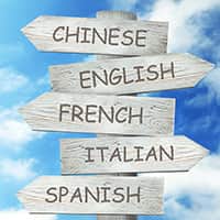 Five wooden directional signposts pointing in different directions and each inscribed with the name of a language including Chinese, English, French, Italian, and Spanish
