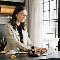 A young woman in a suit at a desk with a gavel and a laptop. She is typing and smiling
