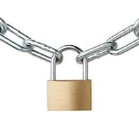 Two metal chains being held together by a golden padlock